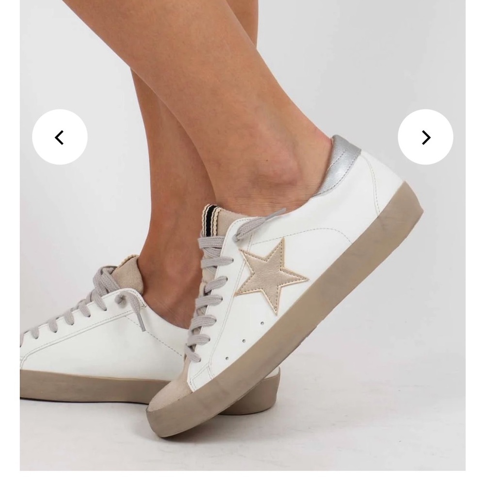 ShuShop White Leather Sneakers with Beige Star and Silver Heel